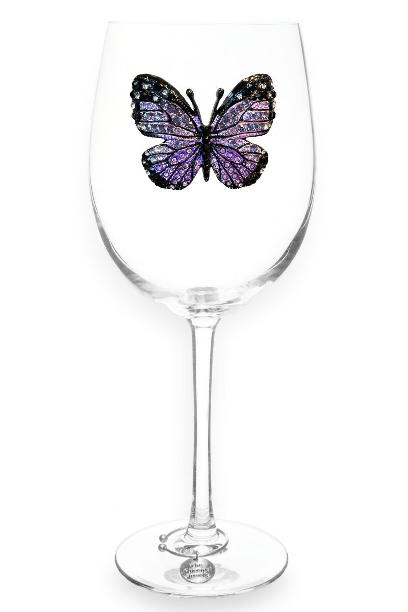 Purple stemmed wine glass with jeweled butterfly stem detail