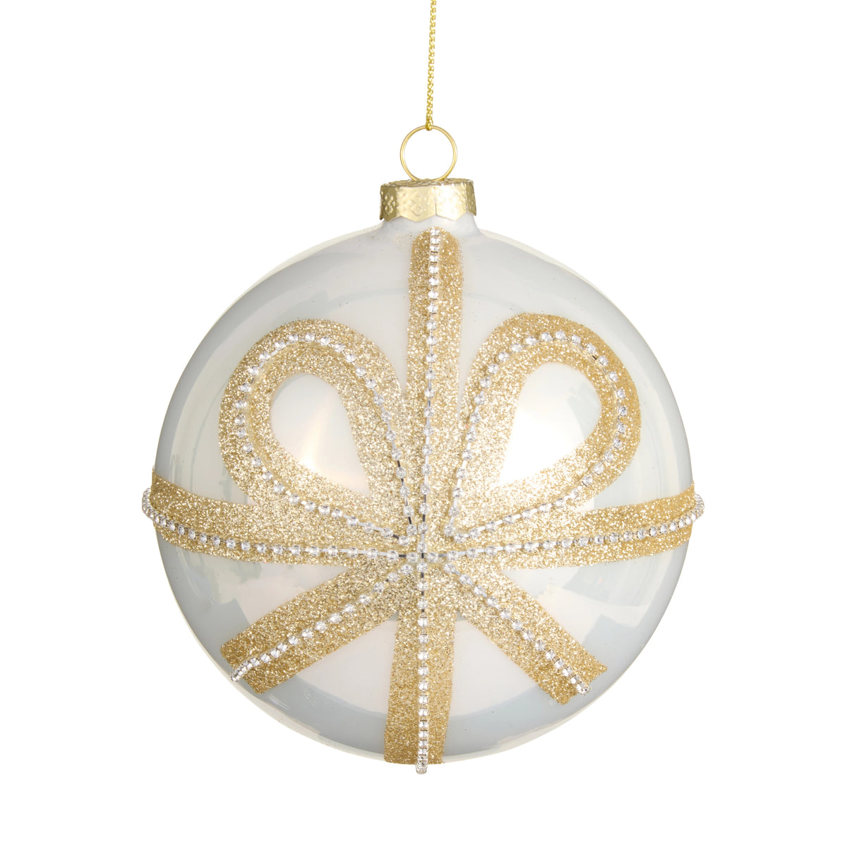5-inch white glass ball ornament featuring a gold glitter bow design with rhinestone accents.