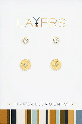 Gold CZ studded sun duo layer earrings with radiant finish