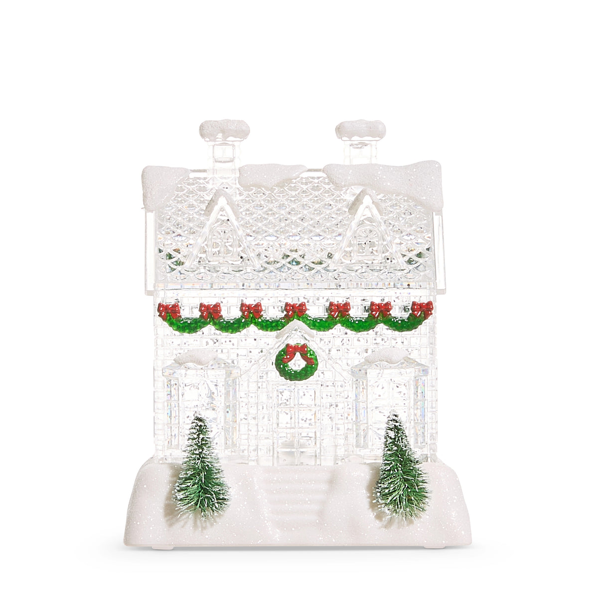 6.25-inch clear acrylic house with swirling glitter, festive wreaths, and snowy base with trees.