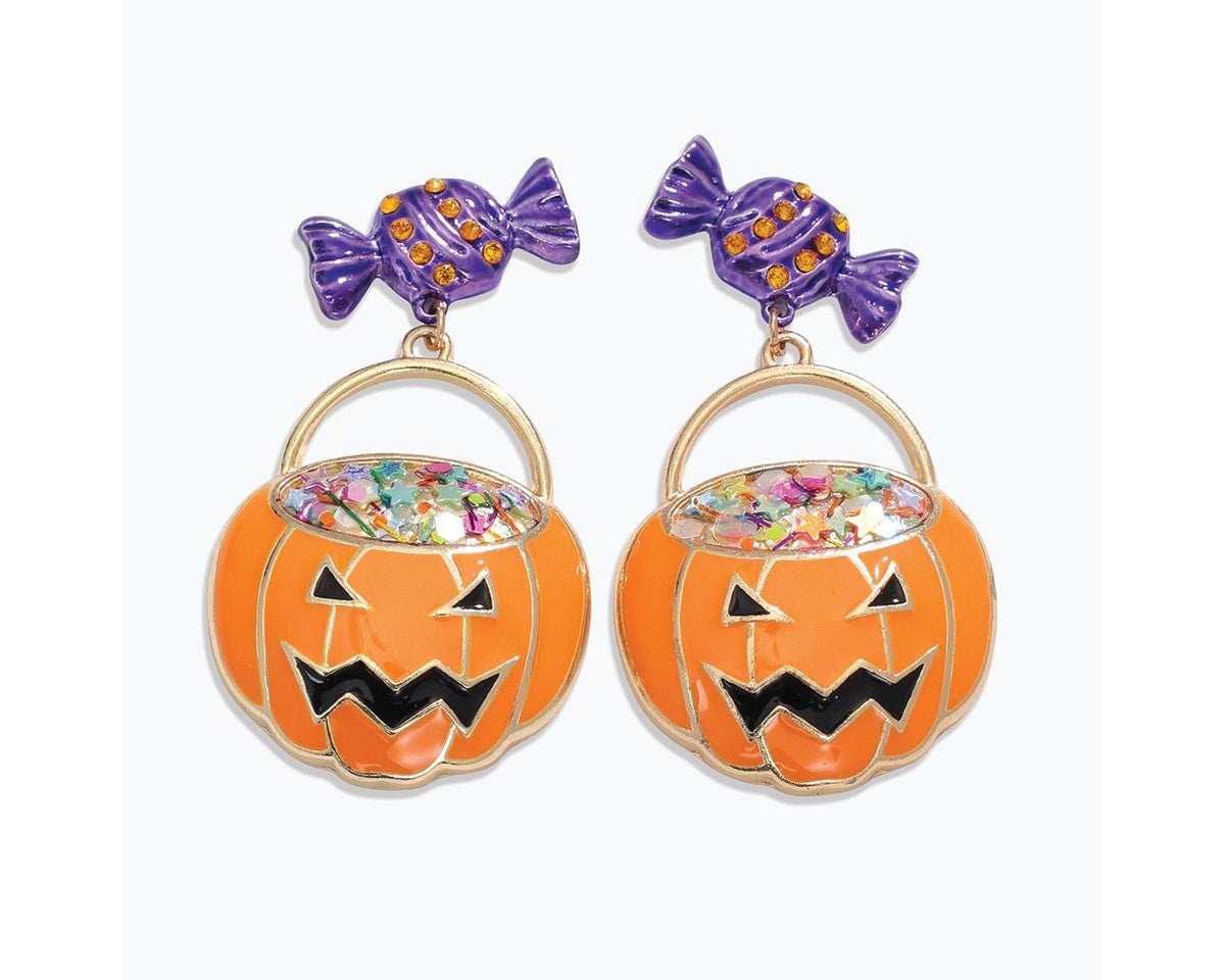 Jack-o'-lantern shaped earrings with colorful candy accents