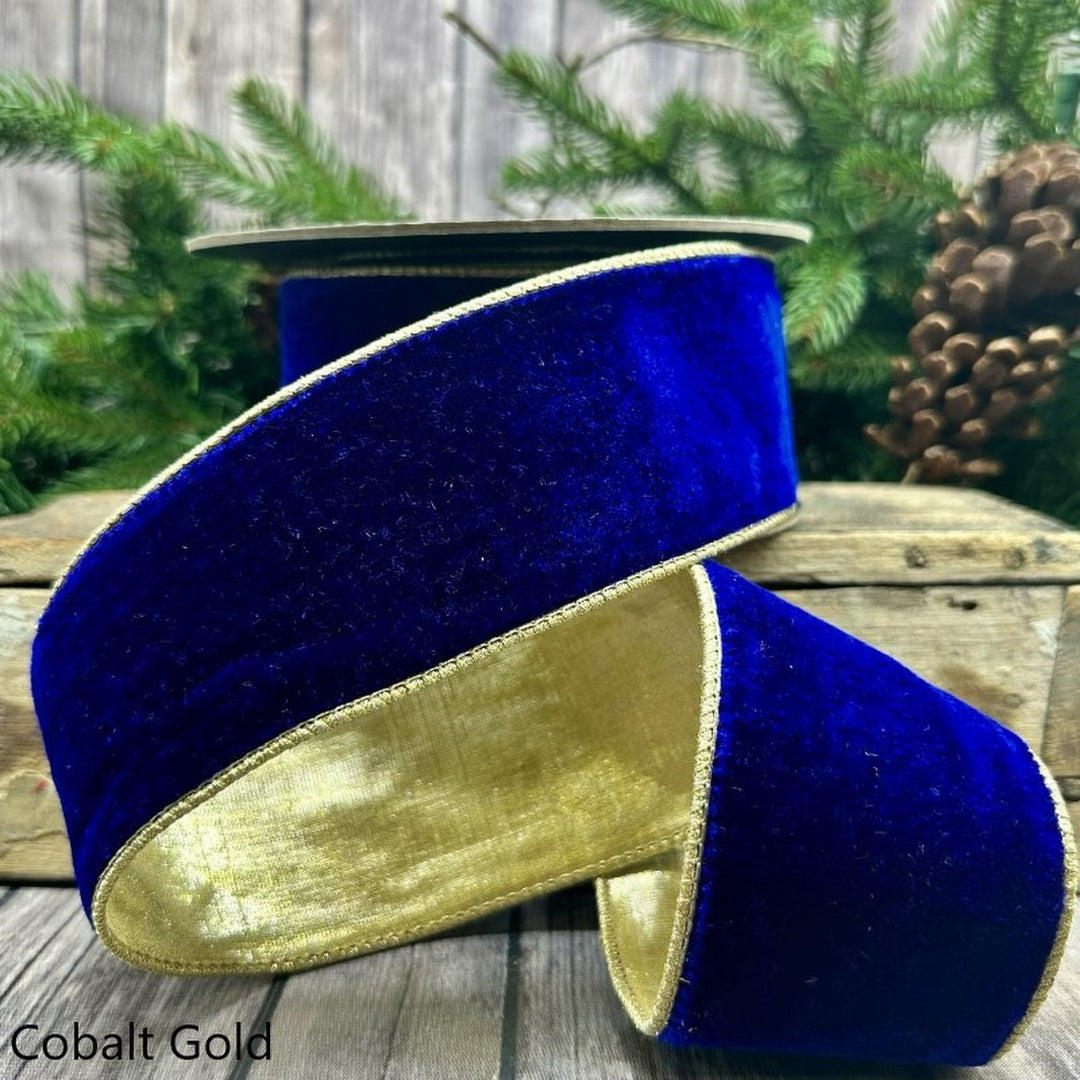 2.5-inch cobalt blue velvet ribbon with gold backing and metallic gold finished edges.
