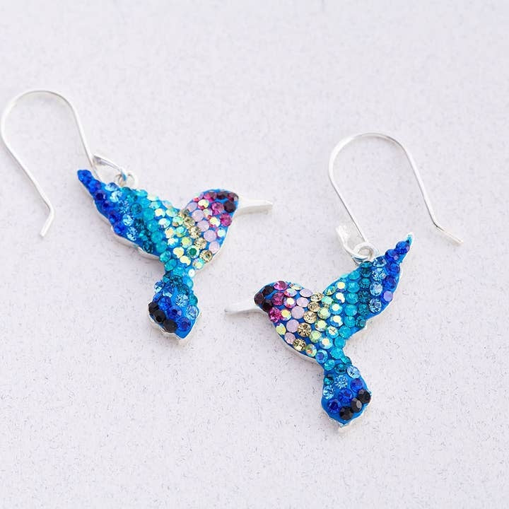 Sterling silver hummingbird drop earrings with Austrian crystals in a detailed bird silhouette.