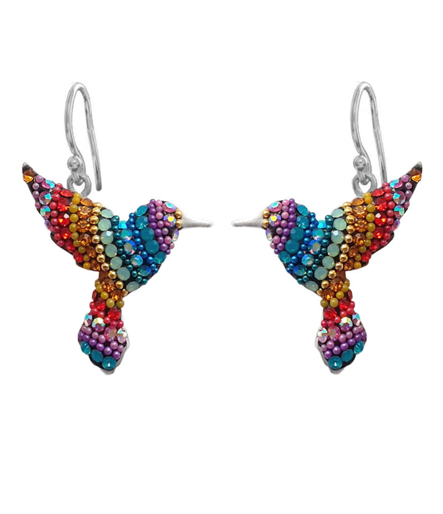 Sterling silver hummingbird drop earrings featuring Austrian crystals in a detailed bird silhouette.