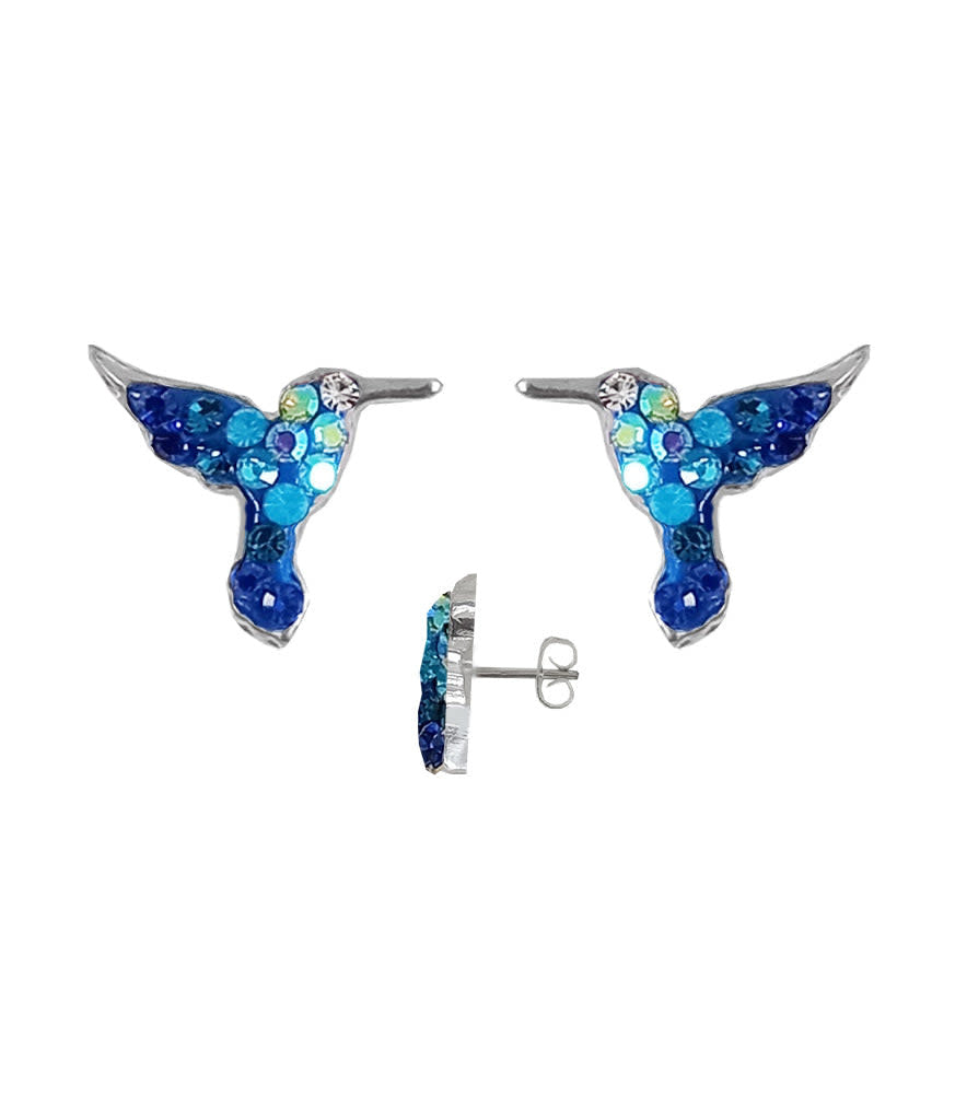 Sterling silver hummingbird post earrings featuring Austrian crystals in a detailed pattern.