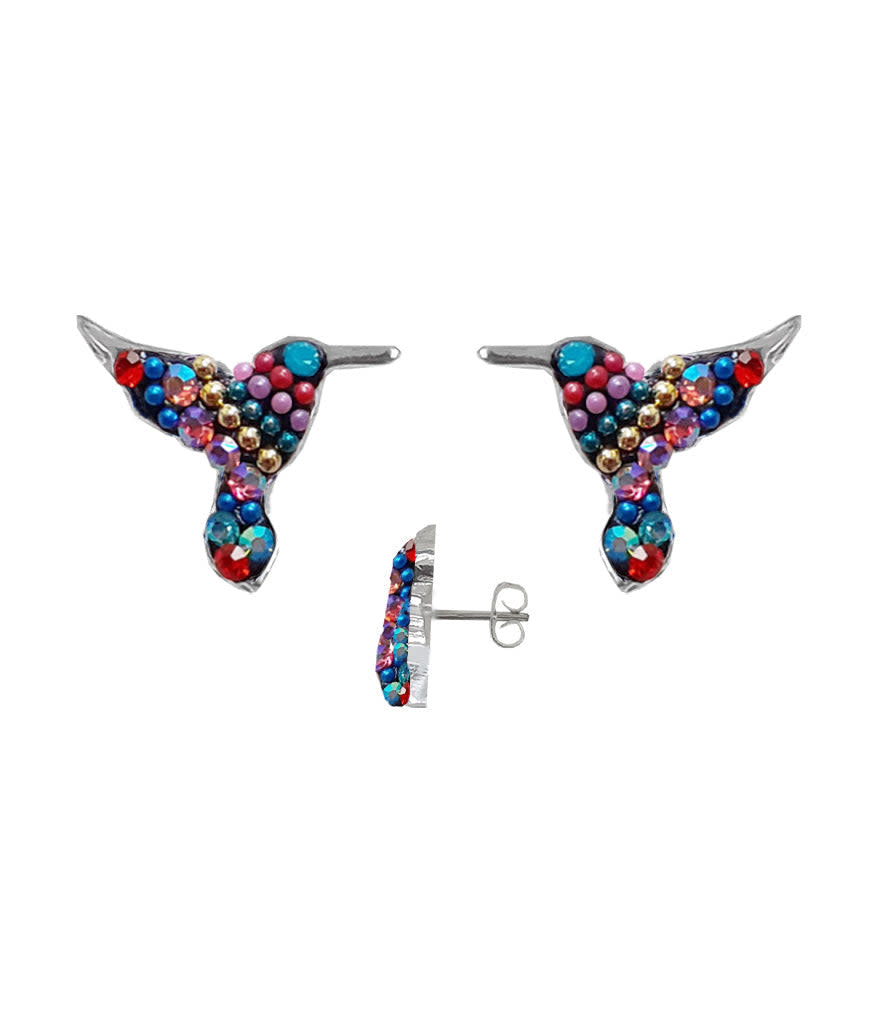 Sterling silver hummingbird post earrings featuring Austrian crystals in a detailed pattern.