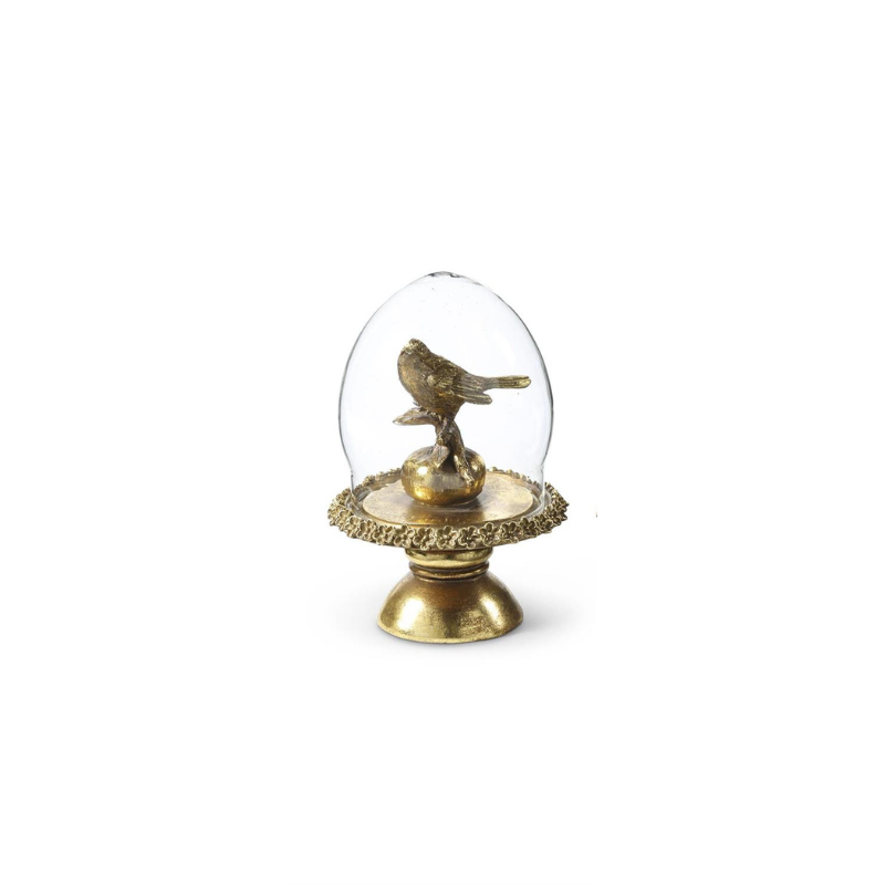 6.5-inch glass cloche with a gold bird figurine on a decorative gold pedestal base.