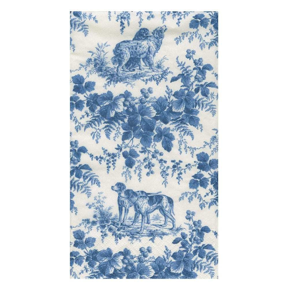 Blue triple-ply guest towels featuring a hunting toile pattern with silhouettes of deer and trees.