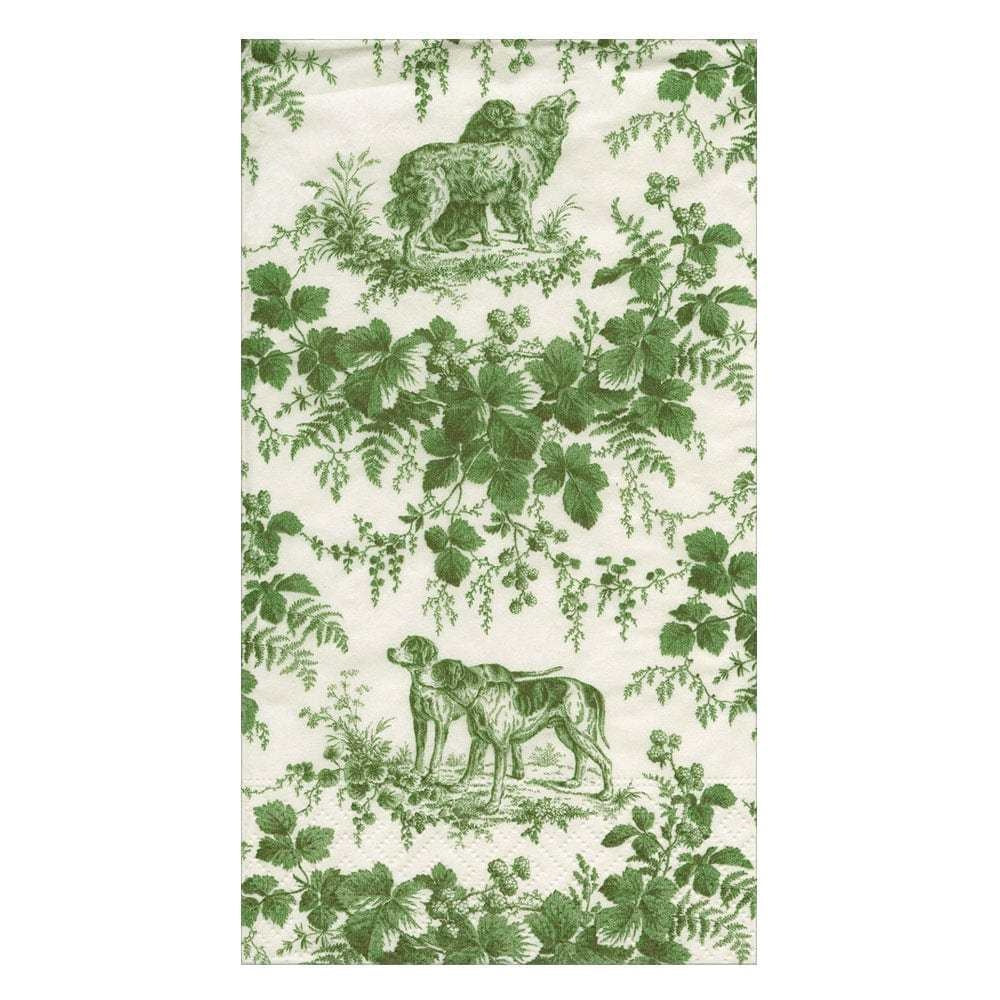 Pack of triple-ply guest towels in evergreen hunting toile pattern with non-toxic ink.