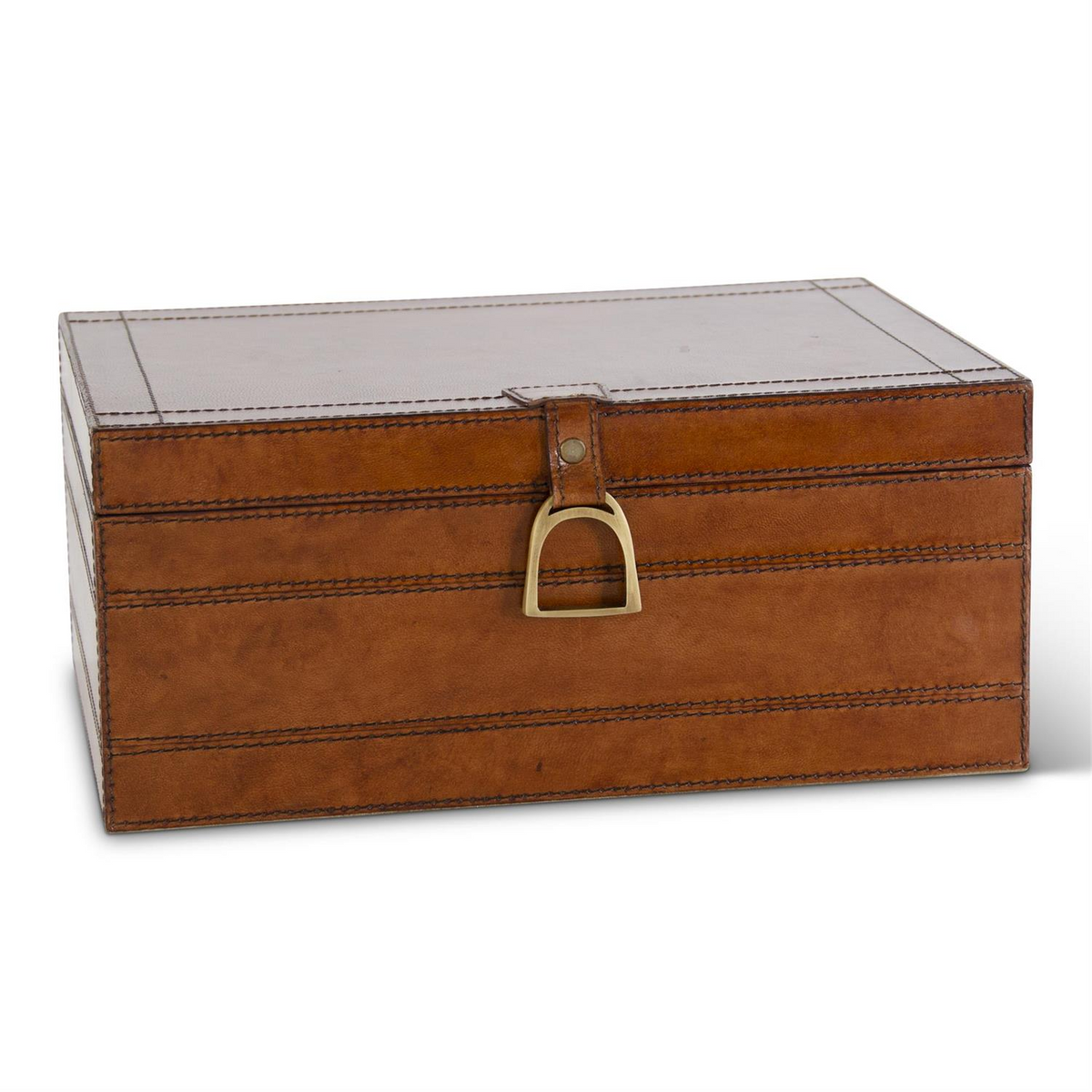Brown leather box with a brass stirrup latch and decorative stitching.