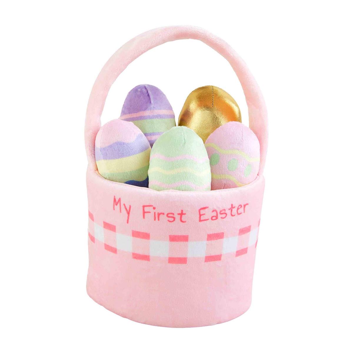 Cotton plush Easter basket set in pastel colors with bunny ears handle.