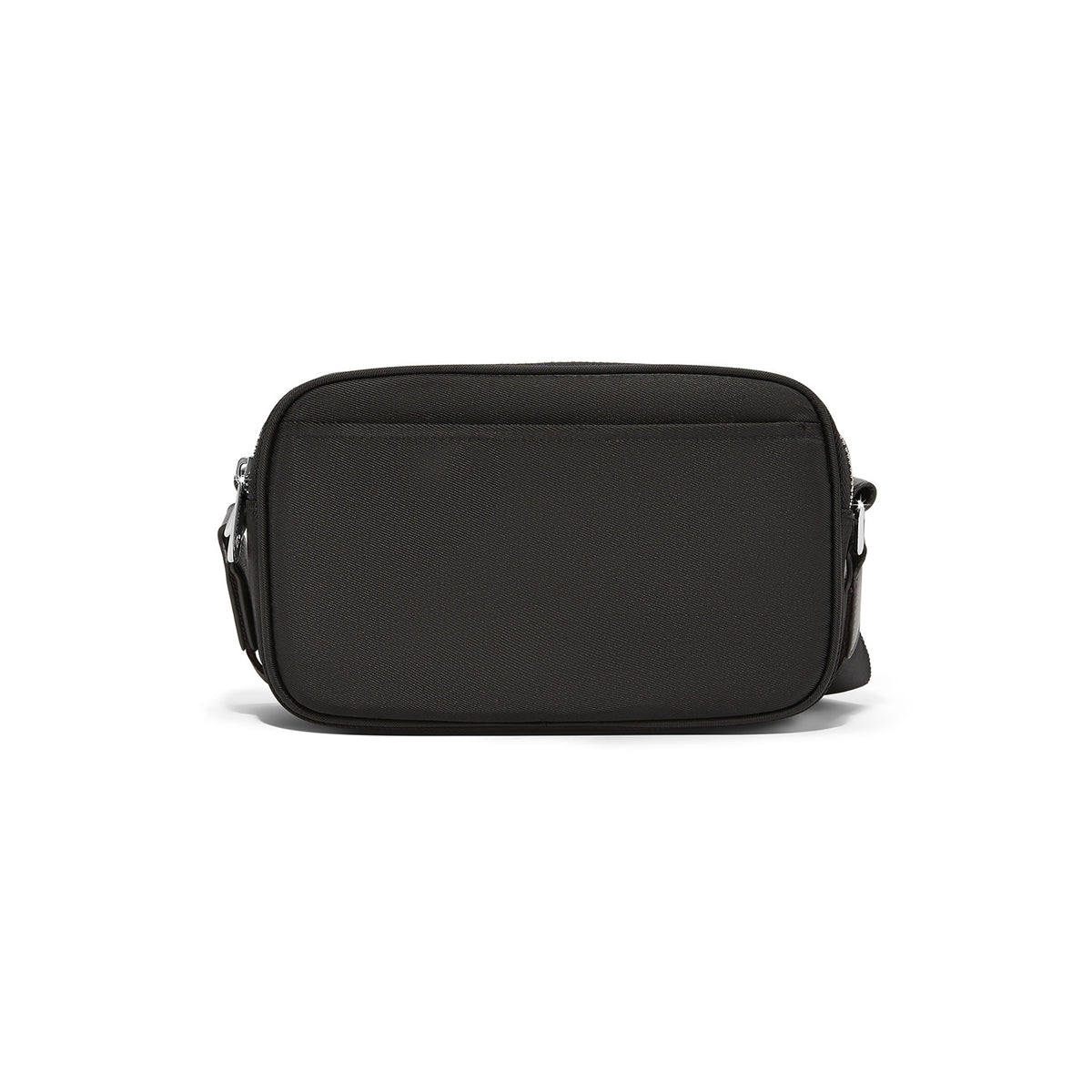 Back view of the black Love Essentials Cross Body Bag showing its rectangular shape and fabric.