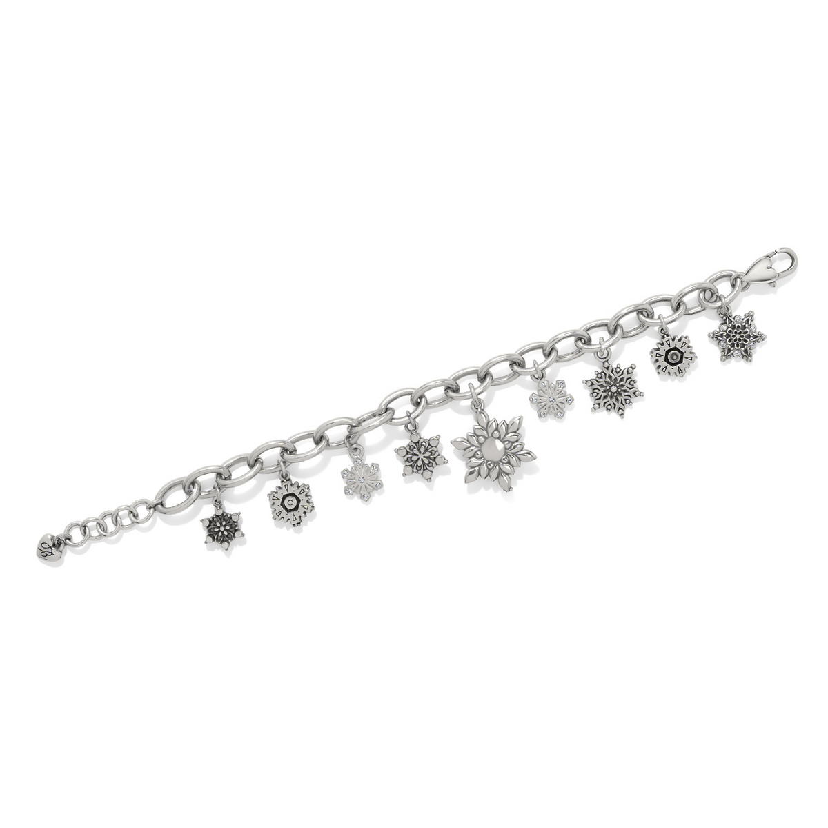Silver chunky chain bracelet with nine unique crystal-accented snowflake charms.