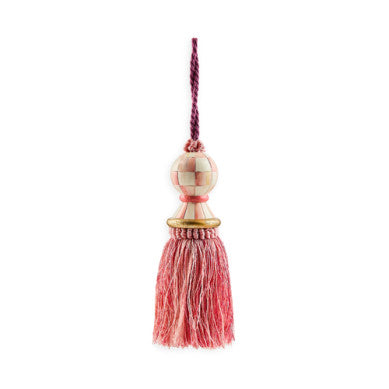 Hand-painted resin check tassel with fabric skirt in black and white.