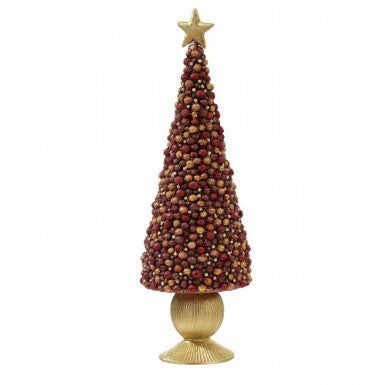 Resin beaded ball cone tree in red and gold with a star topper on a gold pedestal base.