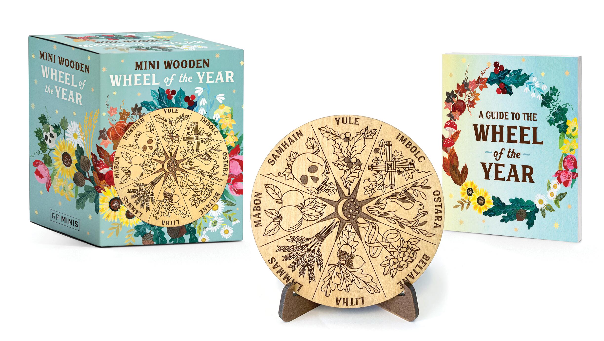 Solid wood circular Wheel of the Year with laser-etched mystical holidays on a wooden stand.