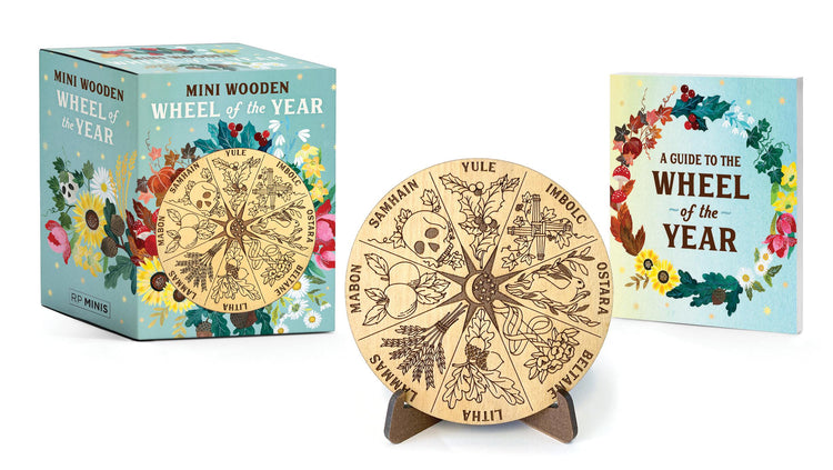 Solid wood circular Wheel of the Year with laser-etched mystical holidays on a wooden stand.