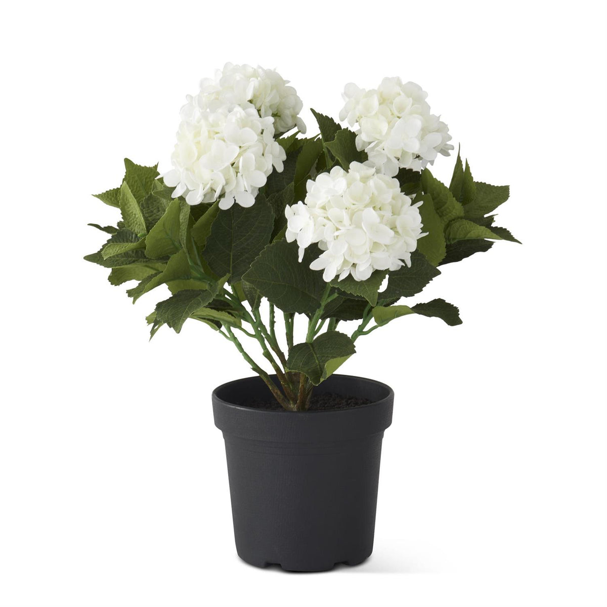Artificial hydrangea arrangement with five blooms in a plastic pot filled with faux dirt.