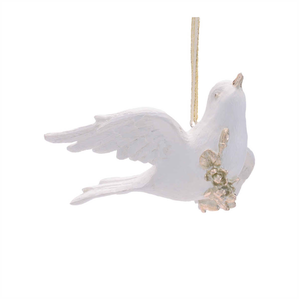 White resin dove ornament with gold accents and a hanging ribbon, symbolizing peace.