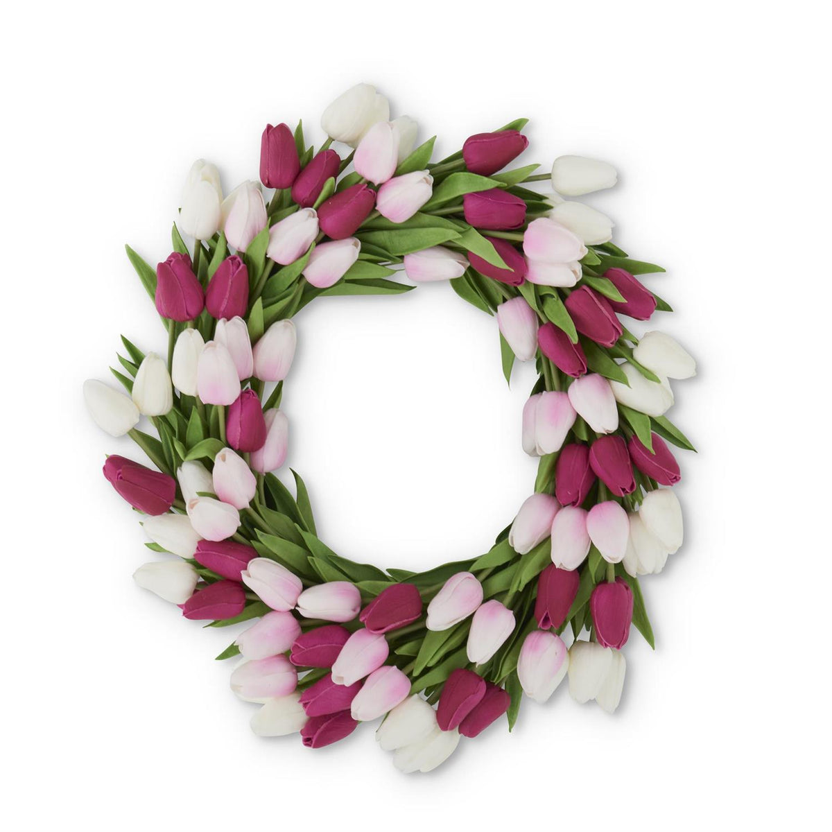 Mini tulip wreath with PU flower petals in a natural beige tone featuring eighty artificial blooms and twelve leaves on wire frame.