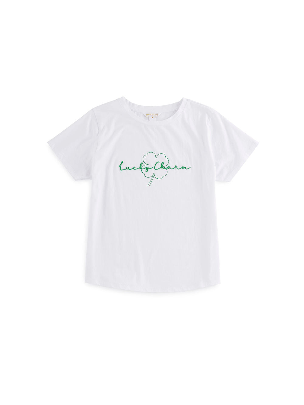 Hannah Lucky Charm T-shirt in soft cotton with an embroidered four-leaf clover and playful script on the chest.