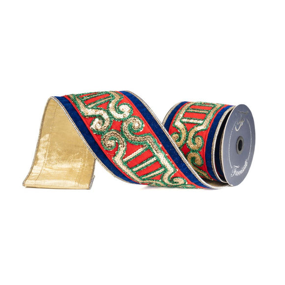 Plush Nutcracker Ribbon Multi: thick wired edge ribbon with secondary fabric structure in multi-color pattern