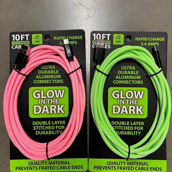 Ten-foot USB to USB-C charging cable with glow-in-the-dark accents.