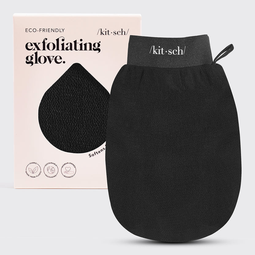 Black Kitsch exfoliating glove next to its eco-friendly packaging.