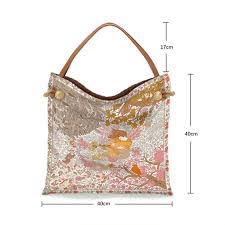 Boho scarf tote bag with floral pattern, brown handle, and dimensions 40cm by 40cm.