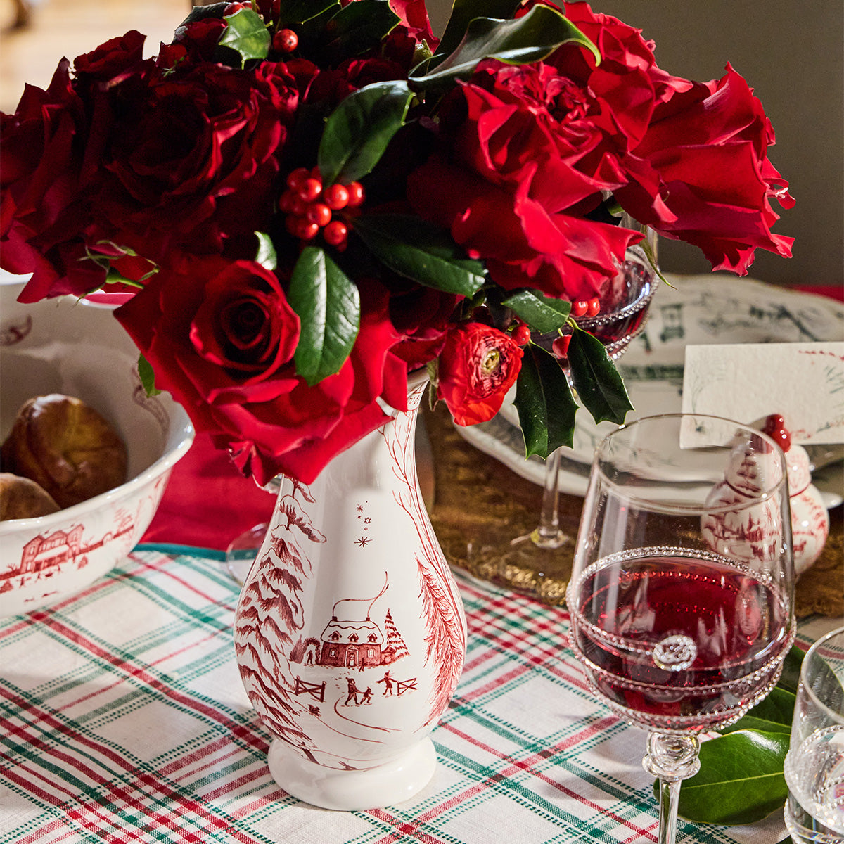 Ruby ceramic Country Estate Winter Frolic vase with a rounded silhouette.