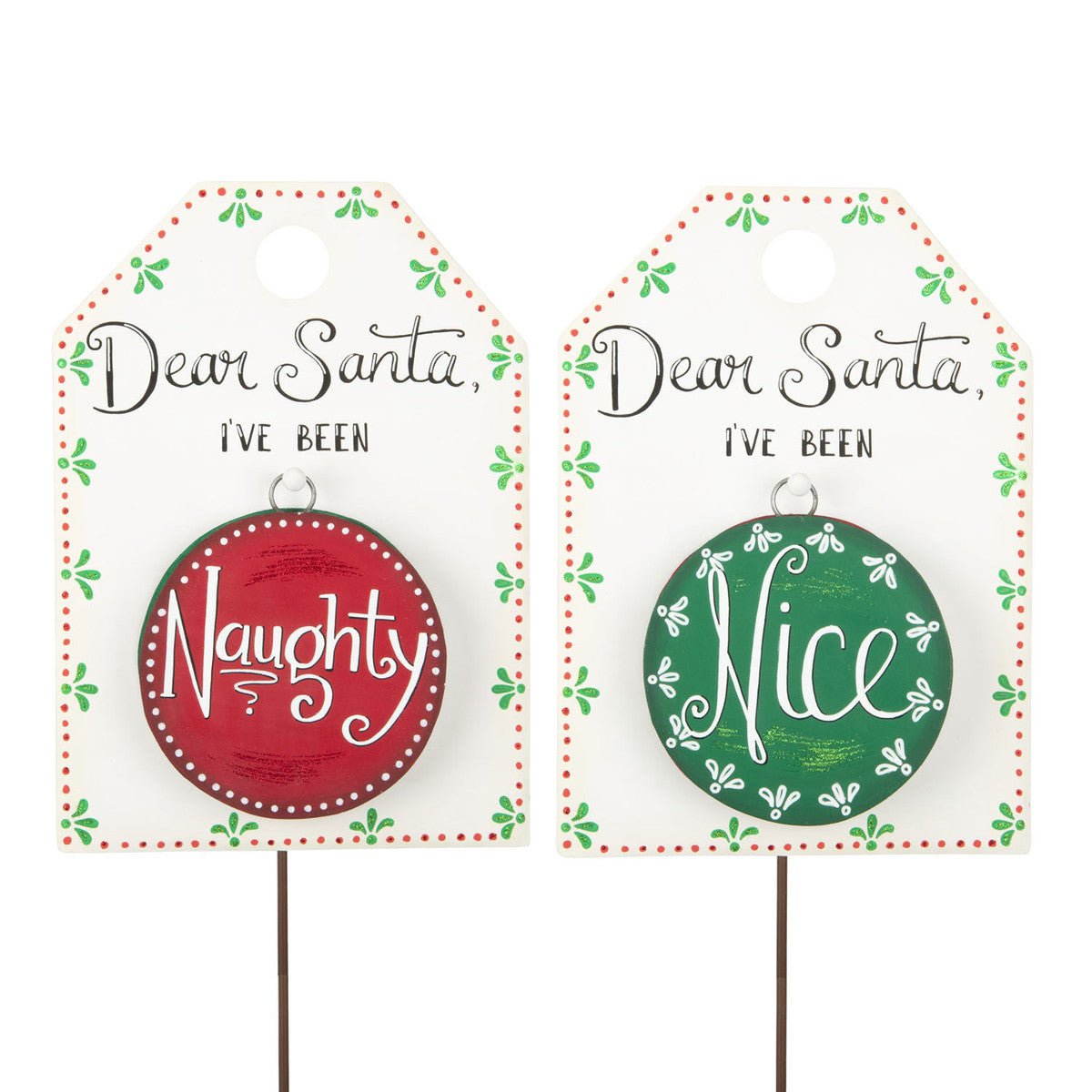 Red metal 'Dear Santa' sign with hanging charm on a stake base