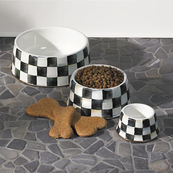 Large Courtly Check enamel pet dish with hand-painted blue pattern on steel body and bronzed stainless rim.