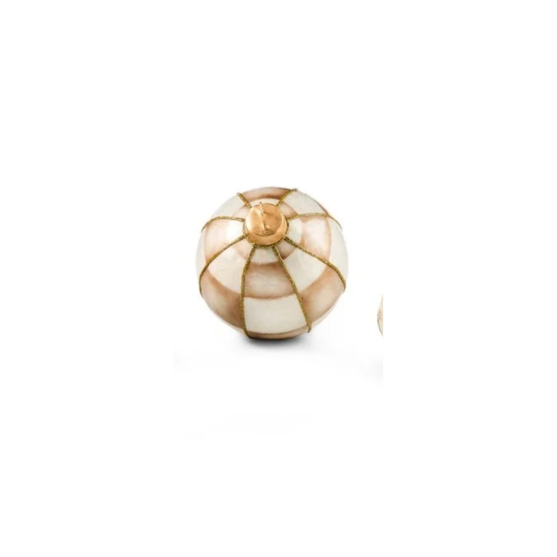 Mocha Capiz tabletop ornament ball with gold trim and a checkered pattern on a white background.