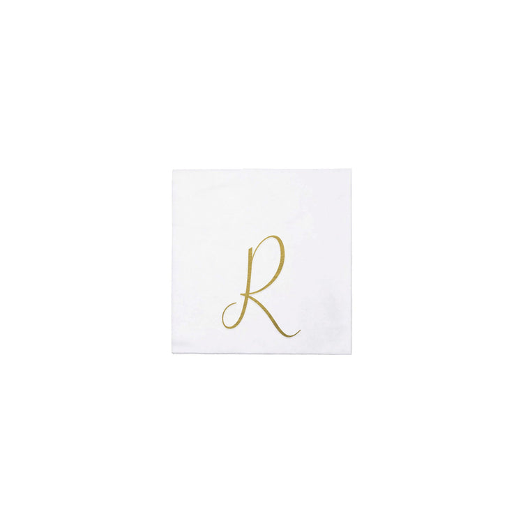 White Papersoft cocktail napkin with a gold script monogram letter R in the center.