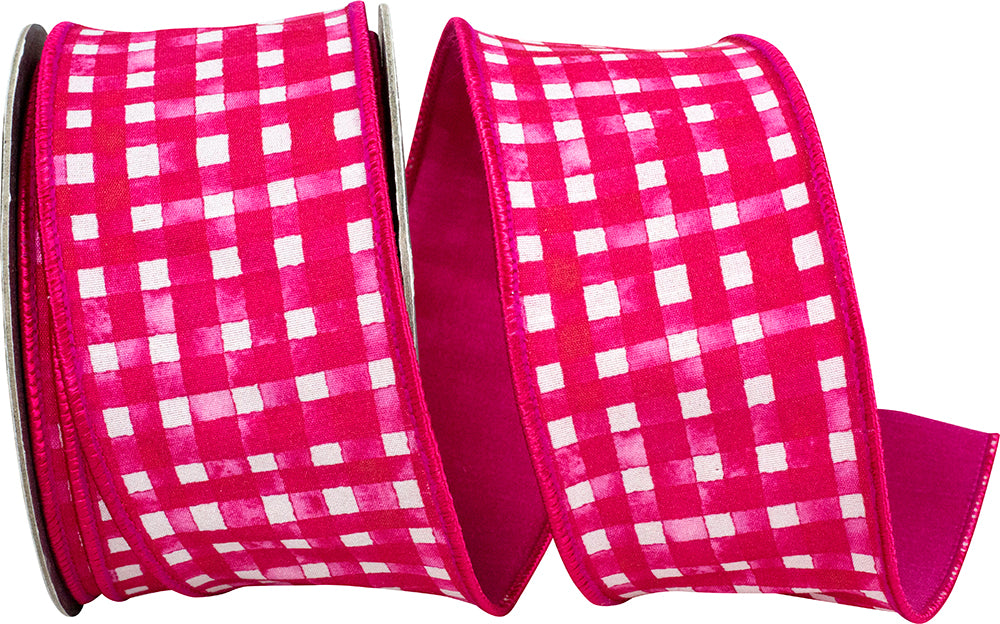 Watercolor pink and white check wired edge ribbon with a deluxe dupioni backing.