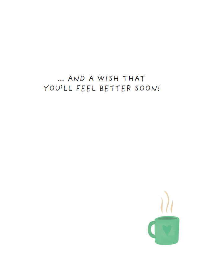 White ceramic mug with embossed text reading 'Occasion - Get Well Cozy Cat' and an interior message wishing a speedy recovery.