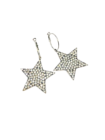 Dazzling silver hoop earrings featuring large five-point stars covered in sparkling rhinestones.