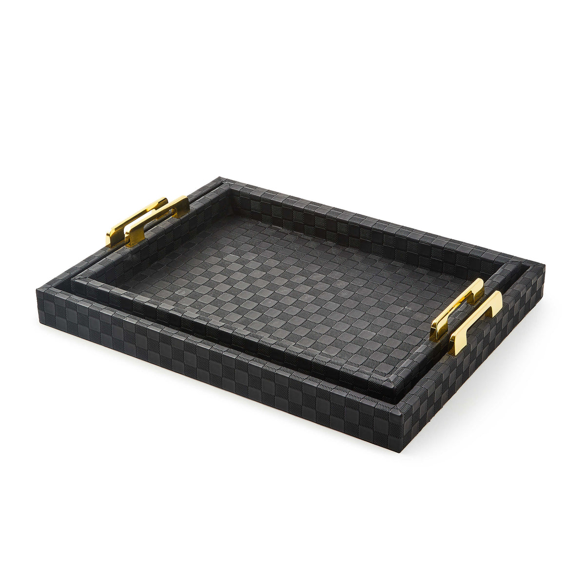 Set of two black faux leather trays with a checkered pattern and gold metal handles.