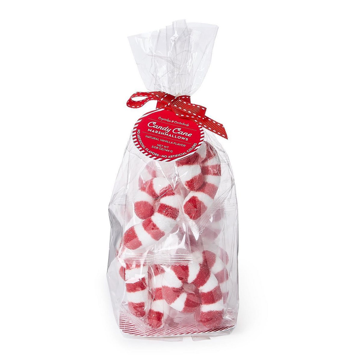 Candy cane shaped vanilla marshmallows with red and white sugar coating in a clear gift bag.