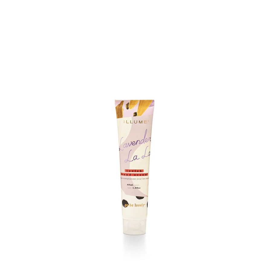 Lavender La La Demi hand cream in a white bottle with lavender floral label.