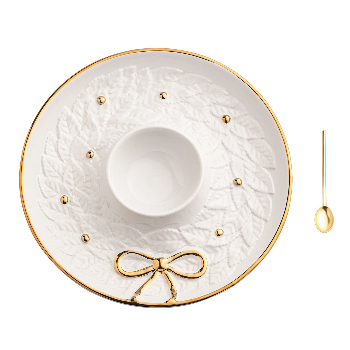 White stoneware chip and dip server with raised wreath, gold bow, and gold-finished metal spoon.