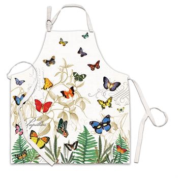 Black cotton chef apron with adjustable neck D-rings.