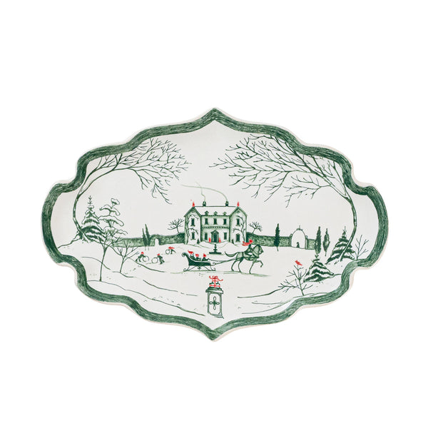 Country Estate Winter Frolic 7 inch scalloped stoneware tray with evergreen winter scene.