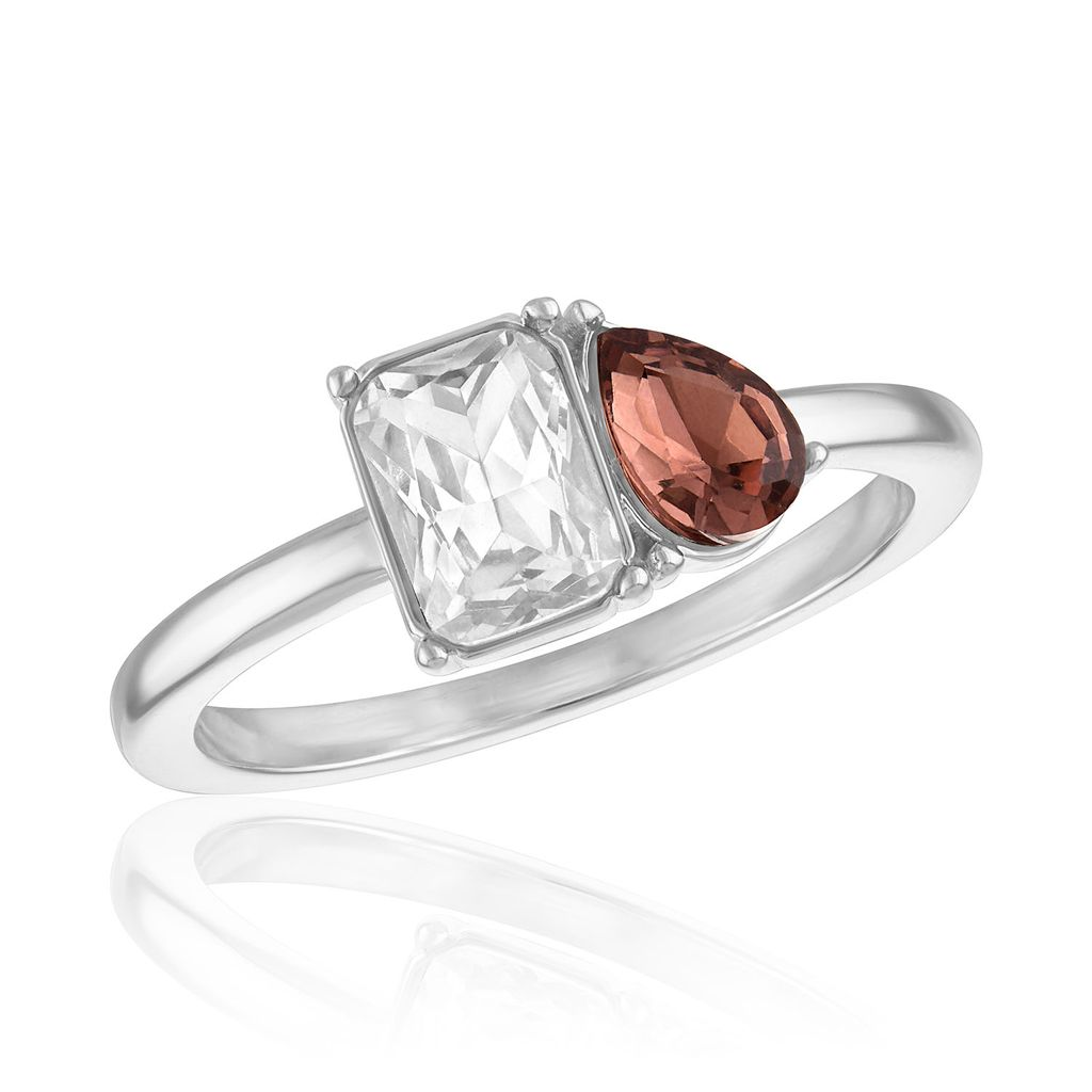 Burgundy Duo-Stone Stack Ring featuring a clear emerald-cut stone and a pear-cut burgundy stone.