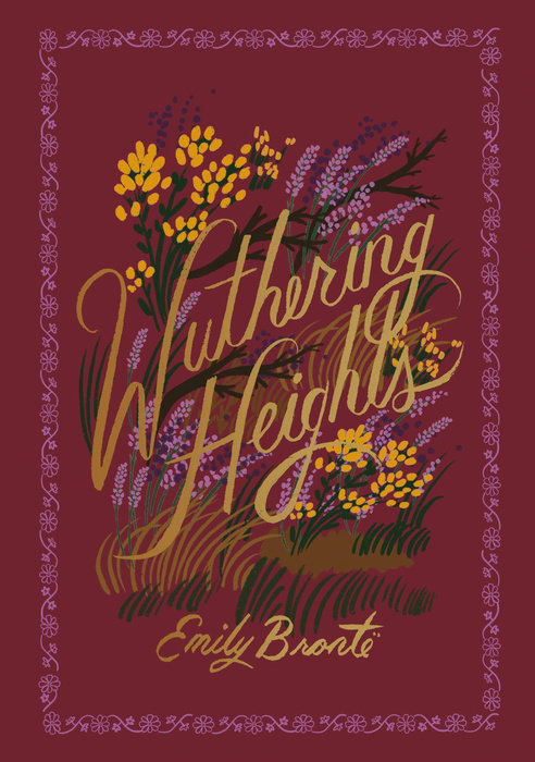 Book cover for Wuthering Heights by Emily Brontë with gold script and floral illustrations.