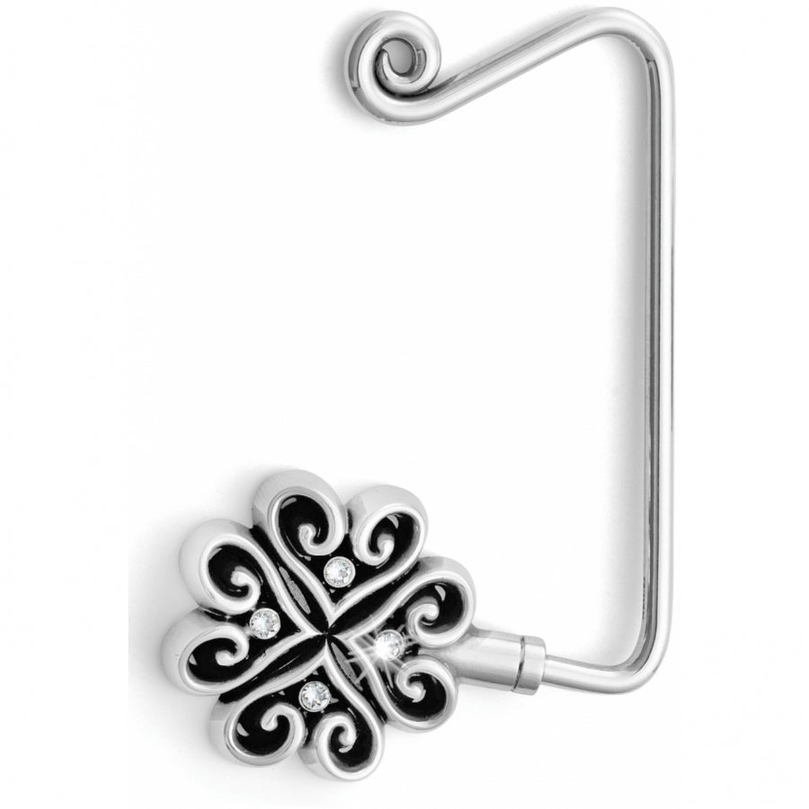 Silver plated handbag hook with a curved silhouette.