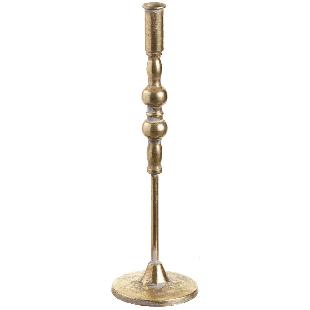 Antique gold metal tapper holder with a curved handle.