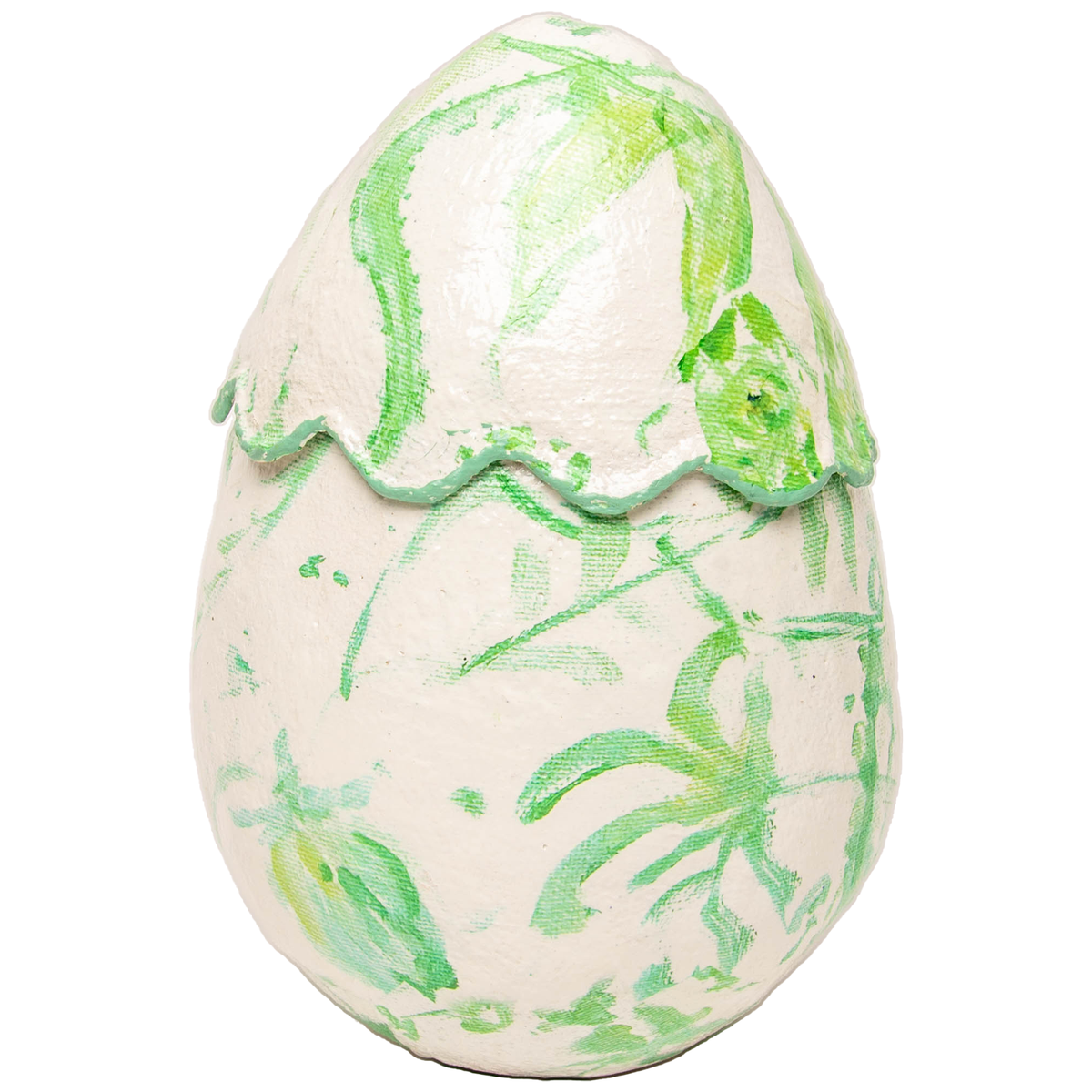 Green scallop egg-shaped candle holder with chinoiserie floral patterns on a matte finish.
