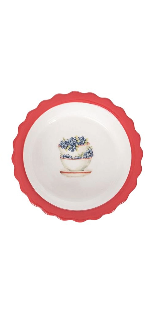 Mini Dolomite Americana Pie Dish with a red scalloped rim and blueberry bowl illustration.