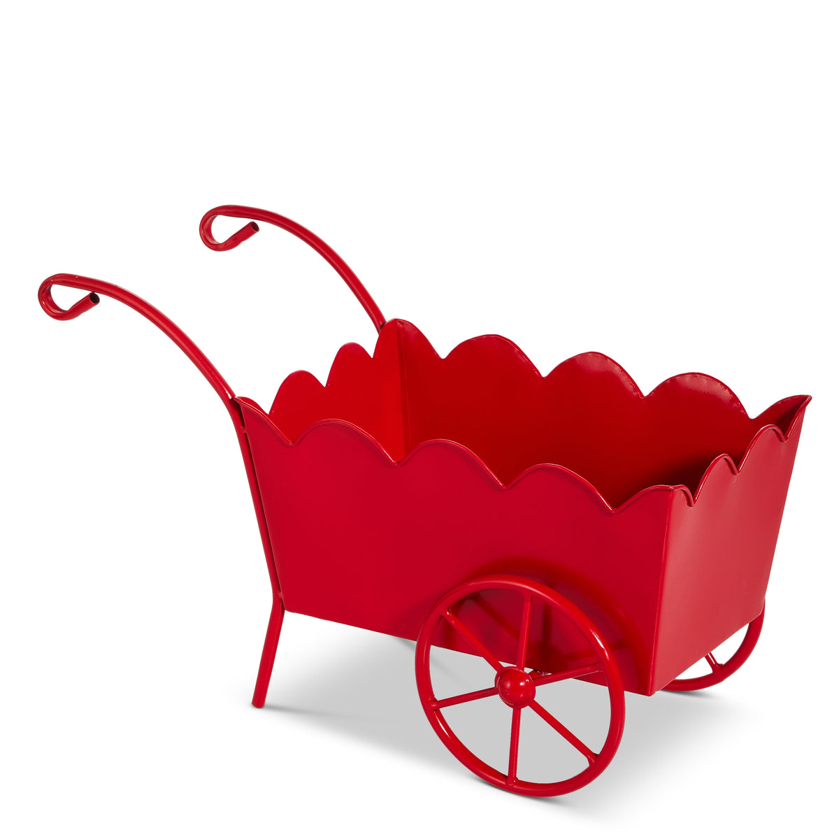 Red metal wagon with scalloped edges measuring 16 inches long.